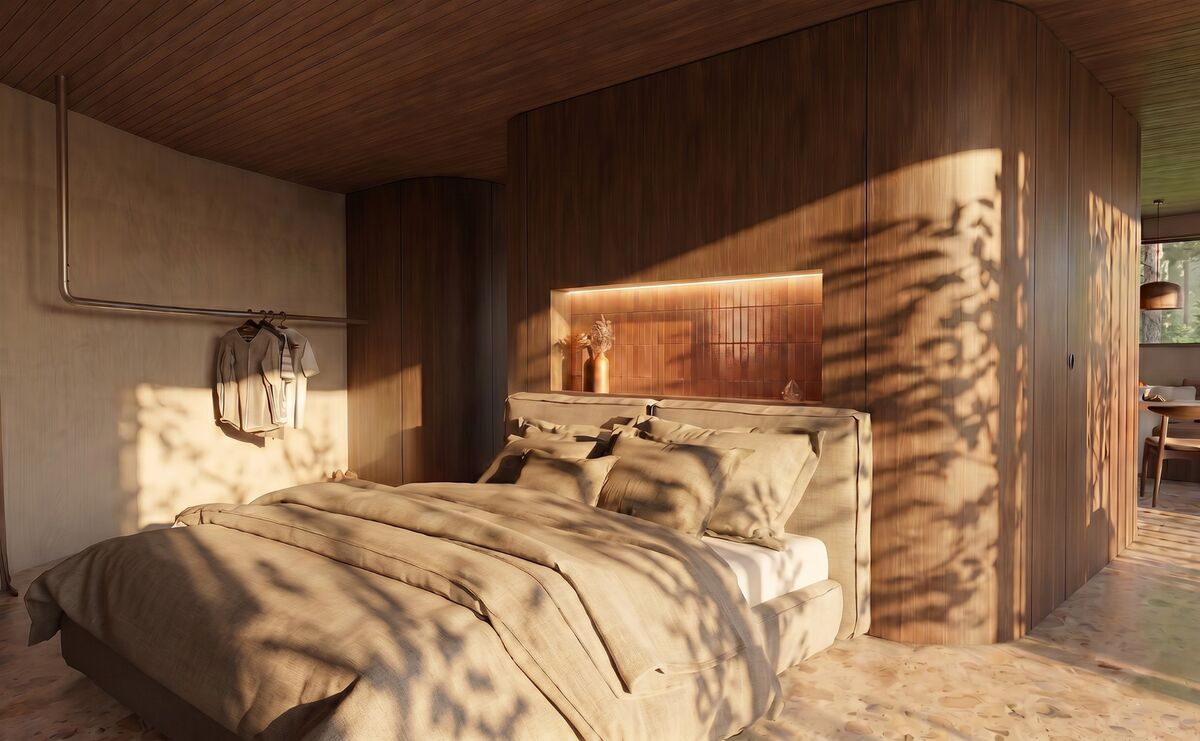 Bed tegen het houten volume